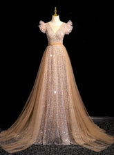 Champagne Gold Sequins Tulle Prom Dress
